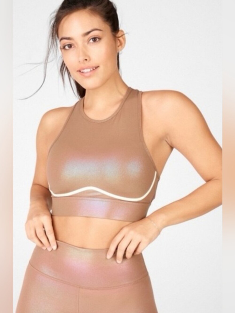 FABLETICS Blare Cross Back High Impact Shine Sports Bra Mocha High Neck XXL NWT